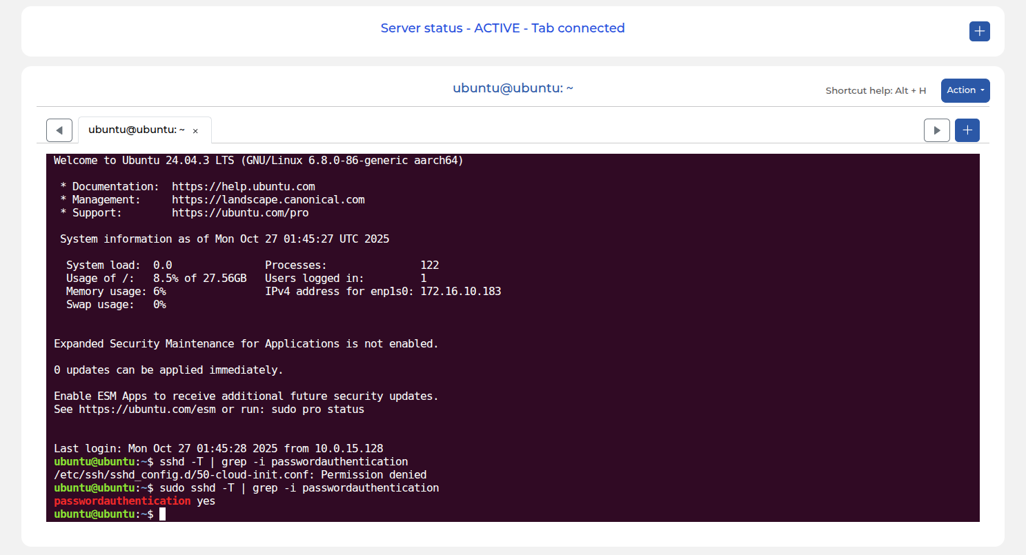 배너/아이콘: Ubuntu 24.04는 대부분 추가 설정 없이 SSH 원격 접속 가능
